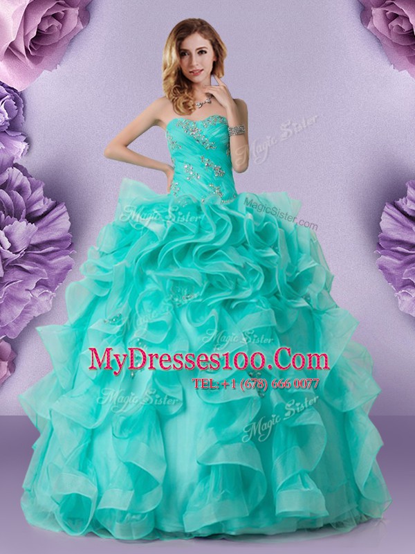 Aqua Blue Sweetheart Lace Up Beading and Ruffles 15th Birthday Dress Sleeveless