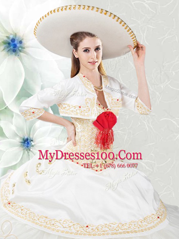 Modest White Quinceanera Dress Military Ball and Sweet 16 and Quinceanera and For with Beading and Embroidery and Ruffles Sweetheart Sleeveless Lace Up