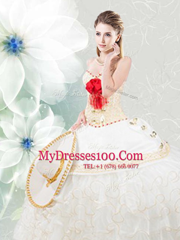 Modest White Quinceanera Dress Military Ball and Sweet 16 and Quinceanera and For with Beading and Embroidery and Ruffles Sweetheart Sleeveless Lace Up