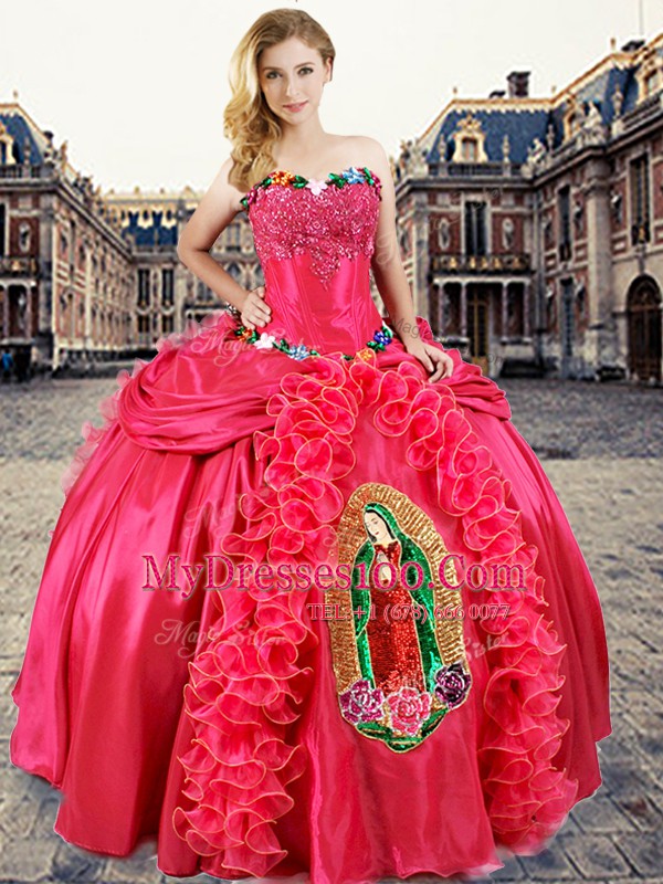Sleeveless Organza and Taffeta Floor Length Lace Up Ball Gown Prom Dress in Coral Red with Beading and Appliques and Ruffles