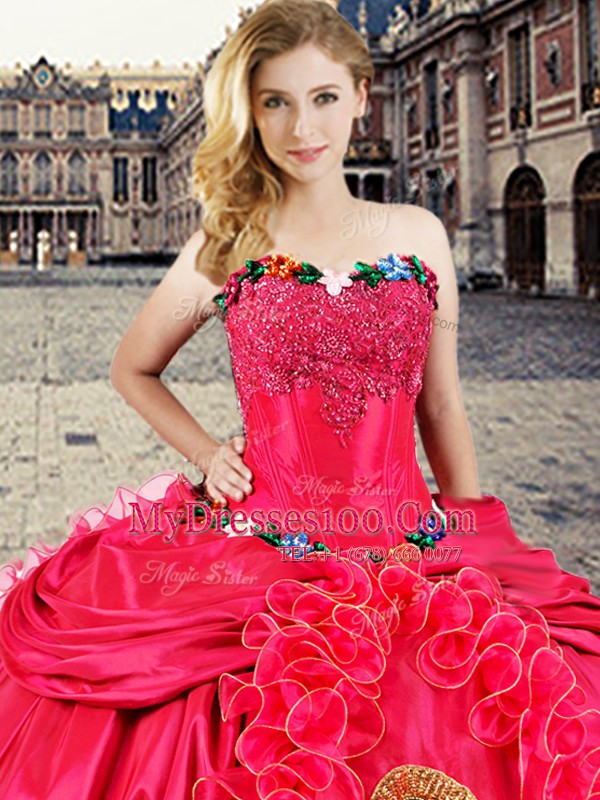 Sleeveless Organza and Taffeta Floor Length Lace Up Ball Gown Prom Dress in Coral Red with Beading and Appliques and Ruffles