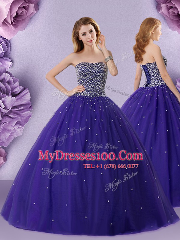 Latest Purple Strapless Neckline Beading 15th Birthday Dress Sleeveless Lace Up