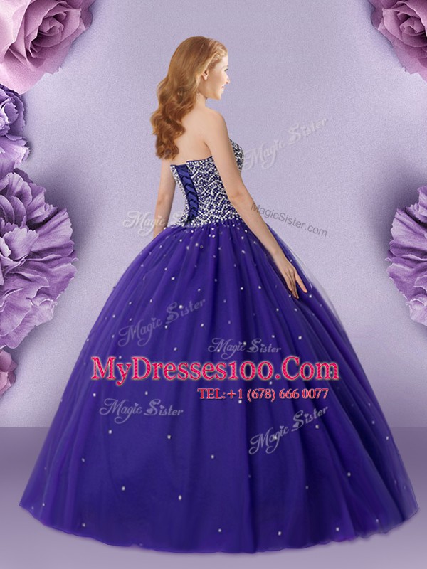 Latest Purple Strapless Neckline Beading 15th Birthday Dress Sleeveless Lace Up