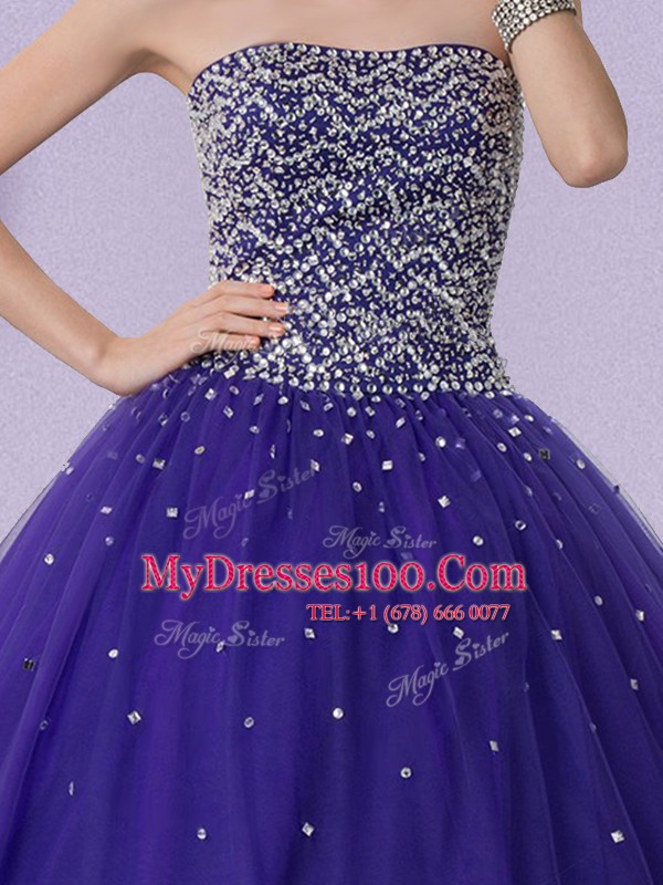 Latest Purple Strapless Neckline Beading 15th Birthday Dress Sleeveless Lace Up