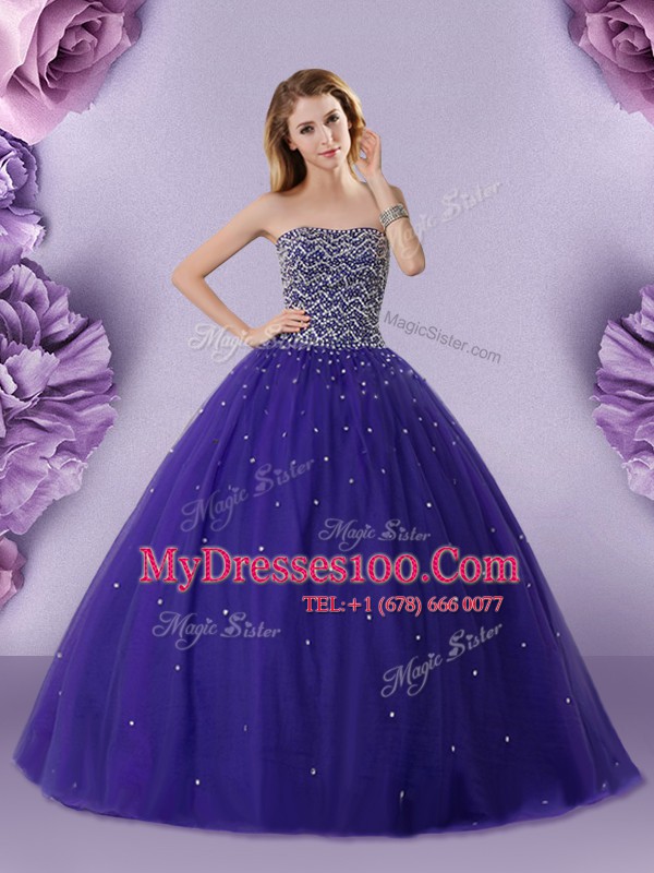Latest Purple Strapless Neckline Beading 15th Birthday Dress Sleeveless Lace Up