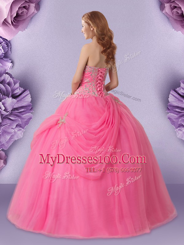 Stylish Floor Length Lace Up Sweet 16 Quinceanera Dress Rose Pink for Military Ball and Sweet 16 and Quinceanera with Beading and Pick Ups