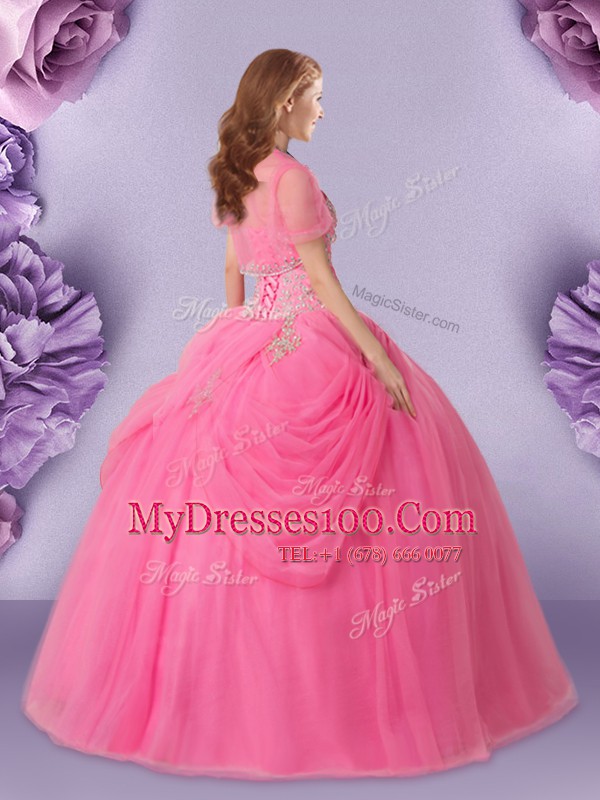 Stylish Floor Length Lace Up Sweet 16 Quinceanera Dress Rose Pink for Military Ball and Sweet 16 and Quinceanera with Beading and Pick Ups