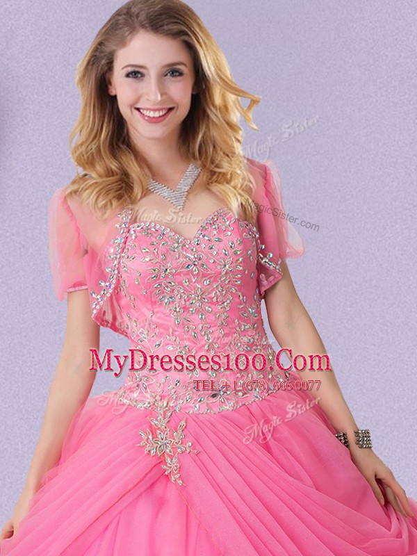 Stylish Floor Length Lace Up Sweet 16 Quinceanera Dress Rose Pink for Military Ball and Sweet 16 and Quinceanera with Beading and Pick Ups