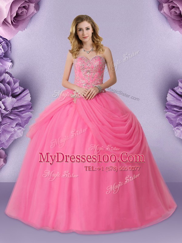 Stylish Floor Length Lace Up Sweet 16 Quinceanera Dress Rose Pink for Military Ball and Sweet 16 and Quinceanera with Beading and Pick Ups