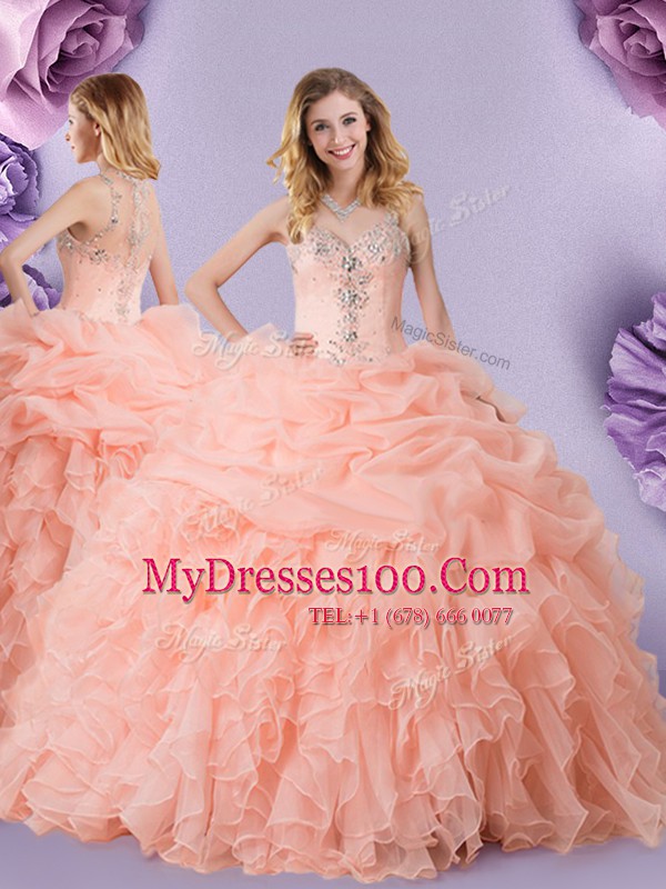 Unique Peach Zipper Straps Beading and Ruffles and Pick Ups Sweet 16 Quinceanera Dress Organza Sleeveless