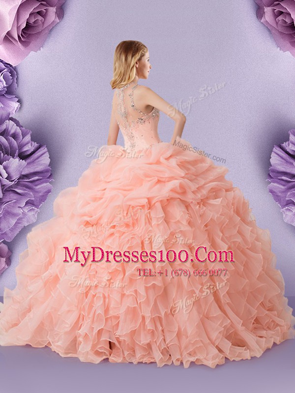 Unique Peach Zipper Straps Beading and Ruffles and Pick Ups Sweet 16 Quinceanera Dress Organza Sleeveless