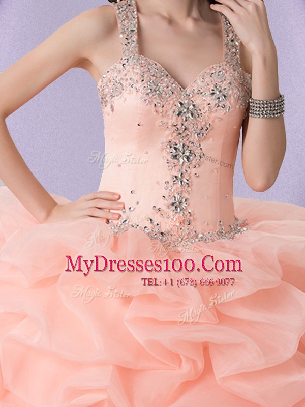 Unique Peach Zipper Straps Beading and Ruffles and Pick Ups Sweet 16 Quinceanera Dress Organza Sleeveless