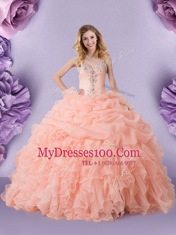 Unique Peach Zipper Straps Beading and Ruffles and Pick Ups Sweet 16 Quinceanera Dress Organza Sleeveless