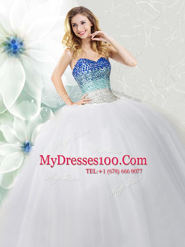 Dazzling Floor Length White Vestidos de Quinceanera Tulle Sleeveless Beading