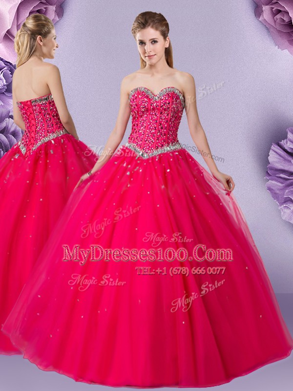 Coral Red Lace Up Ball Gown Prom Dress Beading Sleeveless Floor Length