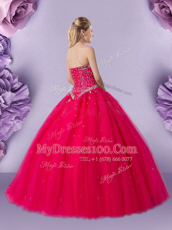 Coral Red Lace Up Ball Gown Prom Dress Beading Sleeveless Floor Length