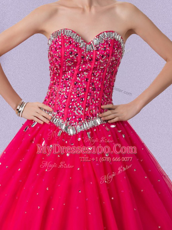 Coral Red Lace Up Ball Gown Prom Dress Beading Sleeveless Floor Length