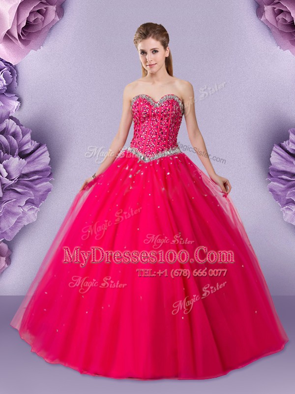 Coral Red Lace Up Ball Gown Prom Dress Beading Sleeveless Floor Length