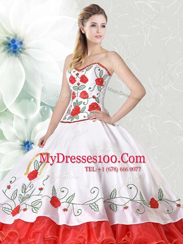 Super Sweetheart Sleeveless Sweet 16 Dresses Floor Length Embroidery and Ruffled Layers White and Red Organza and Taffeta