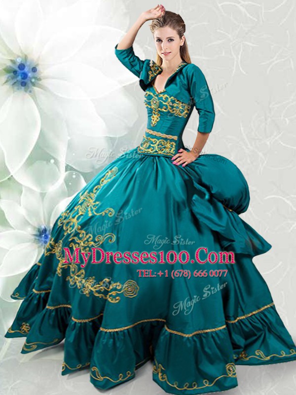 Sweetheart Sleeveless Quinceanera Dresses Floor Length Beading and Embroidery Teal Taffeta