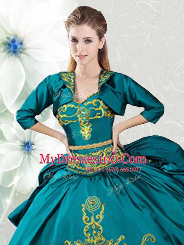 Sweetheart Sleeveless Quinceanera Dresses Floor Length Beading and Embroidery Teal Taffeta