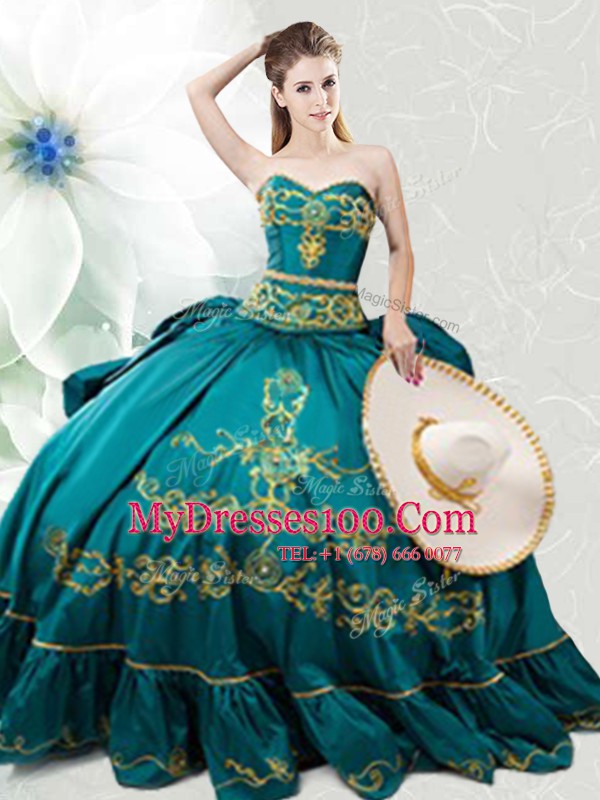 Sweetheart Sleeveless Quinceanera Dresses Floor Length Beading and Embroidery Teal Taffeta