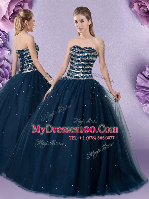 Traditional Tulle Sweetheart Sleeveless Lace Up Beading Quinceanera Dress in Dark Green