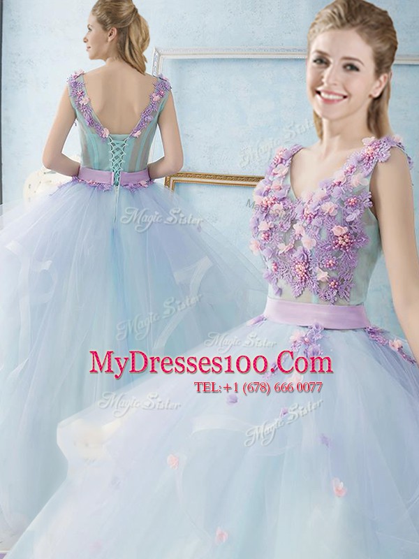 Elegant V-neck Sleeveless Tulle Ball Gown Prom Dress Appliques and Ruffles Lace Up