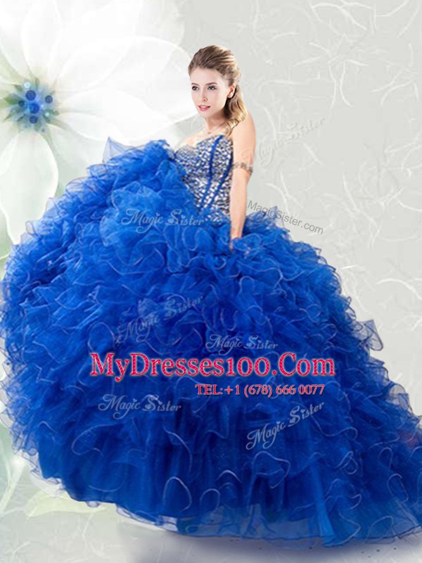 High Quality Sweetheart Sleeveless Lace Up 15 Quinceanera Dress Royal Blue Organza
