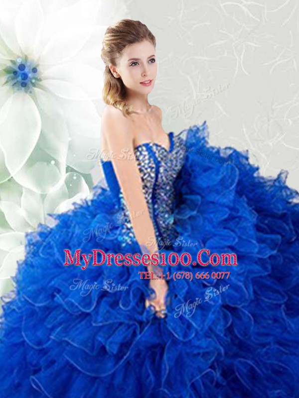 High Quality Sweetheart Sleeveless Lace Up 15 Quinceanera Dress Royal Blue Organza