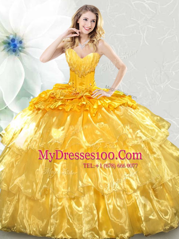 Delicate Gold 15 Quinceanera Dress Military Ball and Sweet 16 and Quinceanera and For with Ruffled Layers and Sequins Sweetheart Sleeveless Lace Up