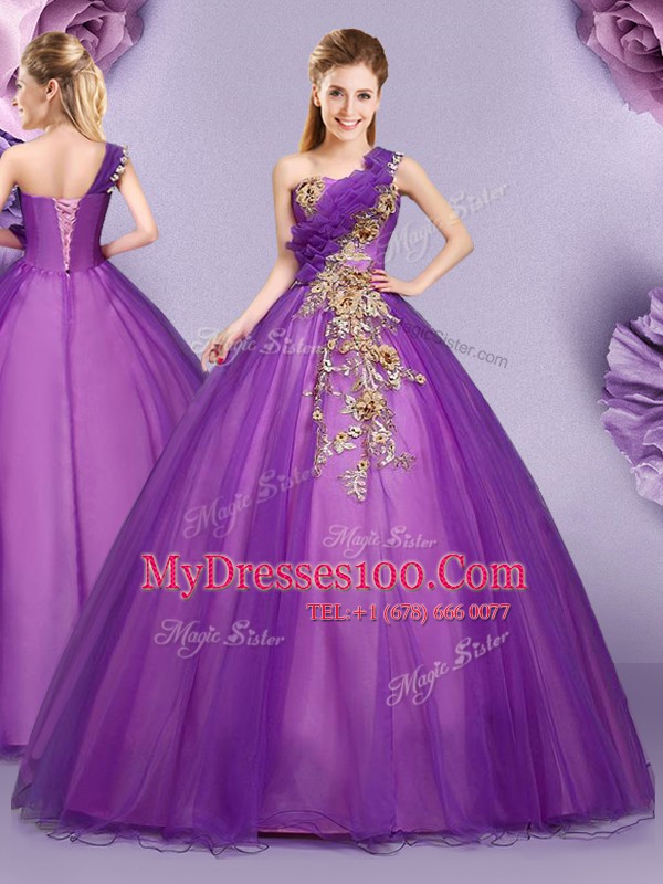 Pretty One Shoulder Floor Length Ball Gowns Sleeveless Purple Quinceanera Dress Lace Up