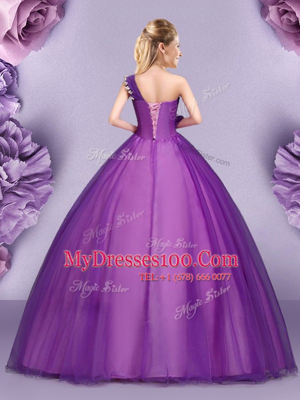 Pretty One Shoulder Floor Length Ball Gowns Sleeveless Purple Quinceanera Dress Lace Up