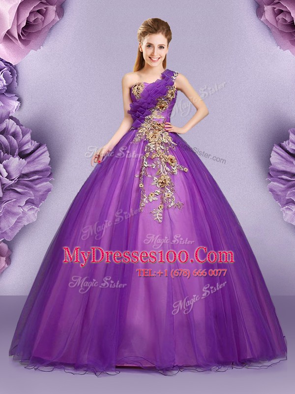 Pretty One Shoulder Floor Length Ball Gowns Sleeveless Purple Quinceanera Dress Lace Up