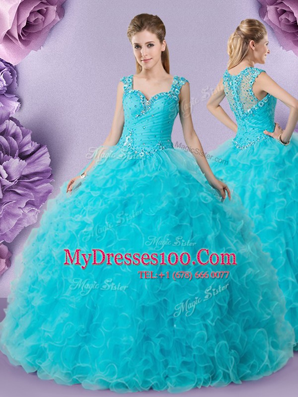 Beauteous Straps Floor Length Baby Blue Quinceanera Dresses Tulle Sleeveless Beading and Ruffles