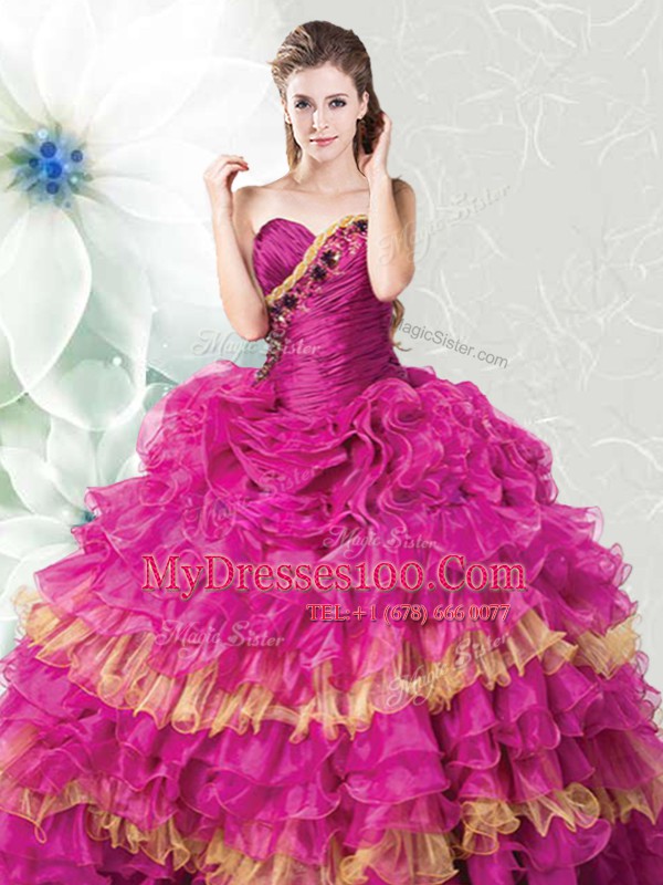 Fuchsia Quinceanera Gown Military Ball and Sweet 16 and Quinceanera and For with Ruffles and Ruffled Layers Sweetheart Sleeveless Lace Up