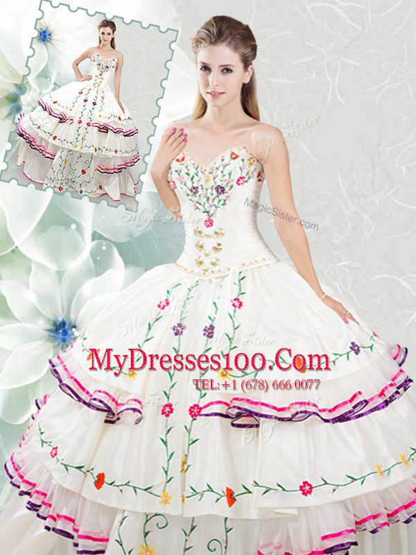 Dynamic Sleeveless Floor Length Embroidery and Ruffled Layers Lace Up 15 Quinceanera Dress with White