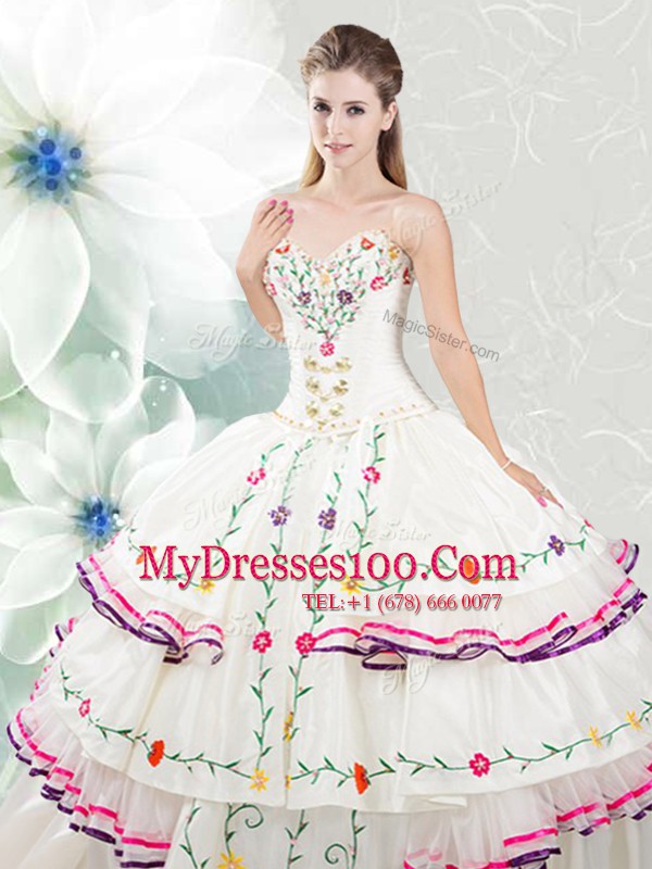 Dynamic Sleeveless Floor Length Embroidery and Ruffled Layers Lace Up 15 Quinceanera Dress with White