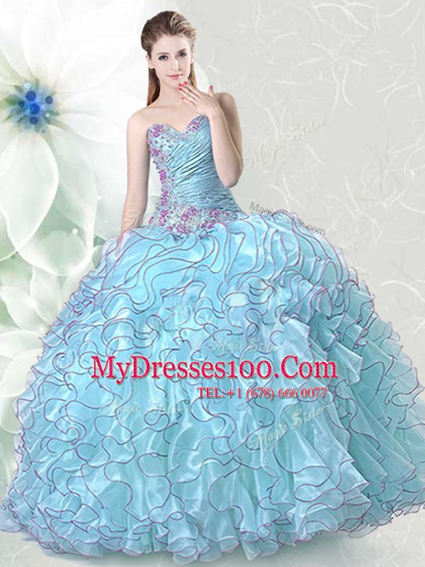 Light Blue Ball Gown Prom Dress Military Ball and Sweet 16 and Quinceanera and For with Beading and Ruffles Sweetheart Sleeveless Lace Up