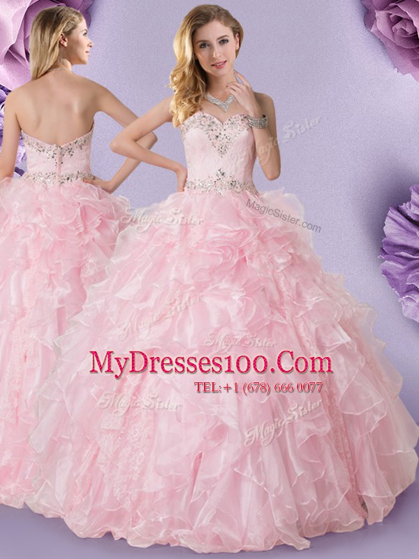 Baby Pink Organza Lace Up Sweetheart Sleeveless Floor Length Quinceanera Dresses Beading and Ruffles