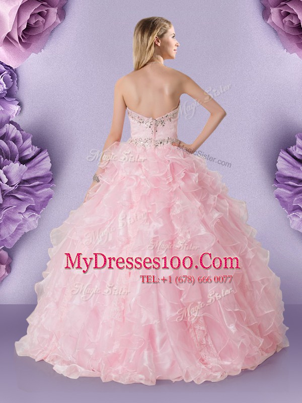 Baby Pink Organza Lace Up Sweetheart Sleeveless Floor Length Quinceanera Dresses Beading and Ruffles