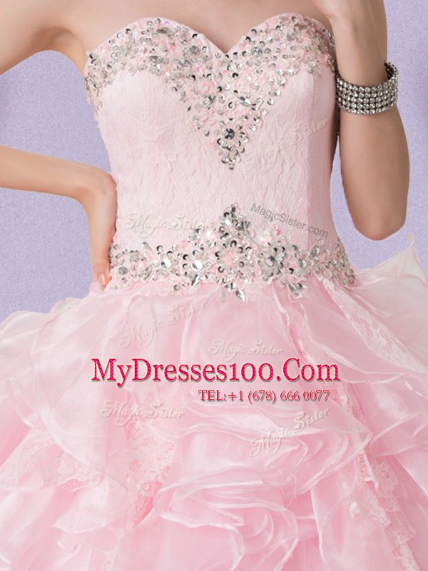 Baby Pink Organza Lace Up Sweetheart Sleeveless Floor Length Quinceanera Dresses Beading and Ruffles