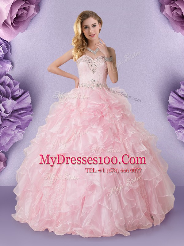 Baby Pink Organza Lace Up Sweetheart Sleeveless Floor Length Quinceanera Dresses Beading and Ruffles