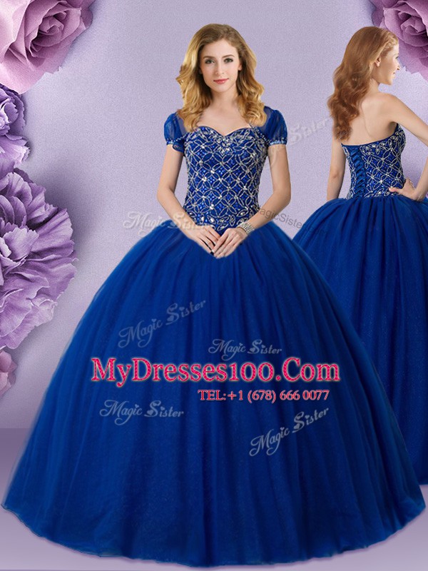 Sweetheart Sleeveless Sweet 16 Dress Floor Length Beading Royal Blue Tulle