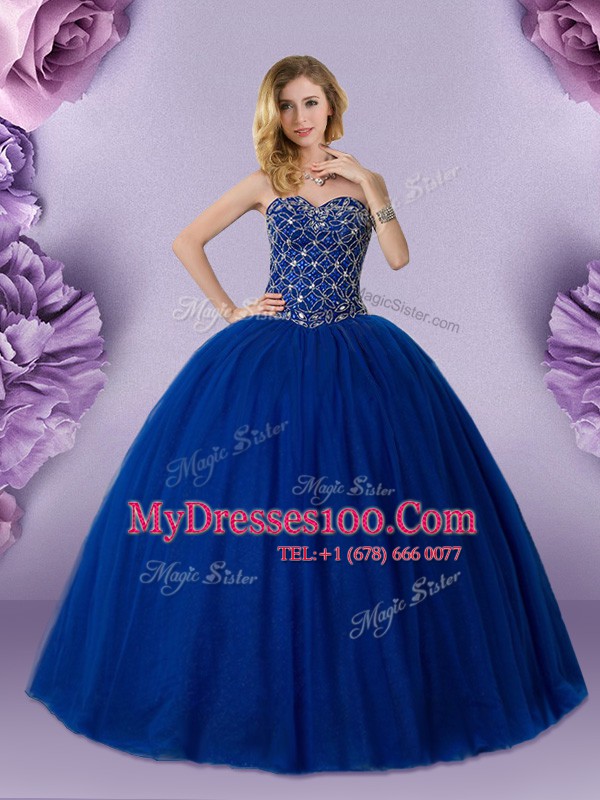 Sweetheart Sleeveless Sweet 16 Dress Floor Length Beading Royal Blue Tulle