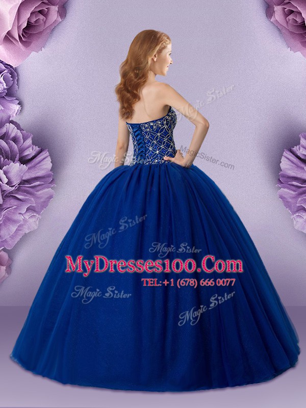 Sweetheart Sleeveless Sweet 16 Dress Floor Length Beading Royal Blue Tulle
