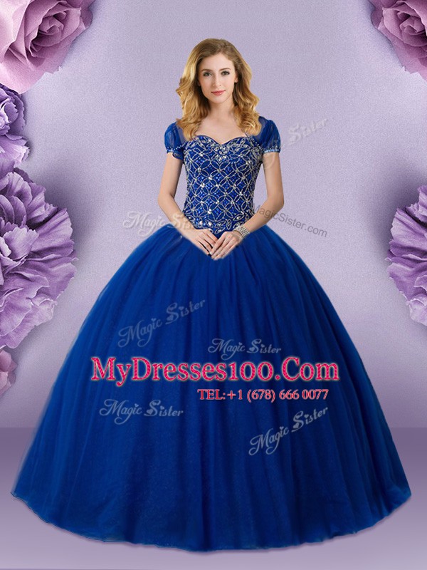 Sweetheart Sleeveless Sweet 16 Dress Floor Length Beading Royal Blue Tulle