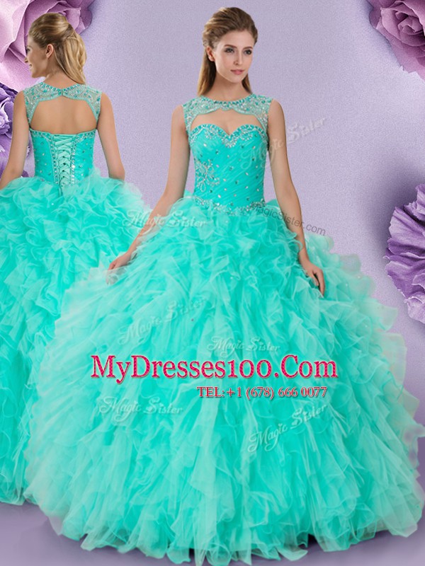 Chic Scoop Sleeveless Quinceanera Dresses Floor Length Beading and Ruffles Apple Green Tulle