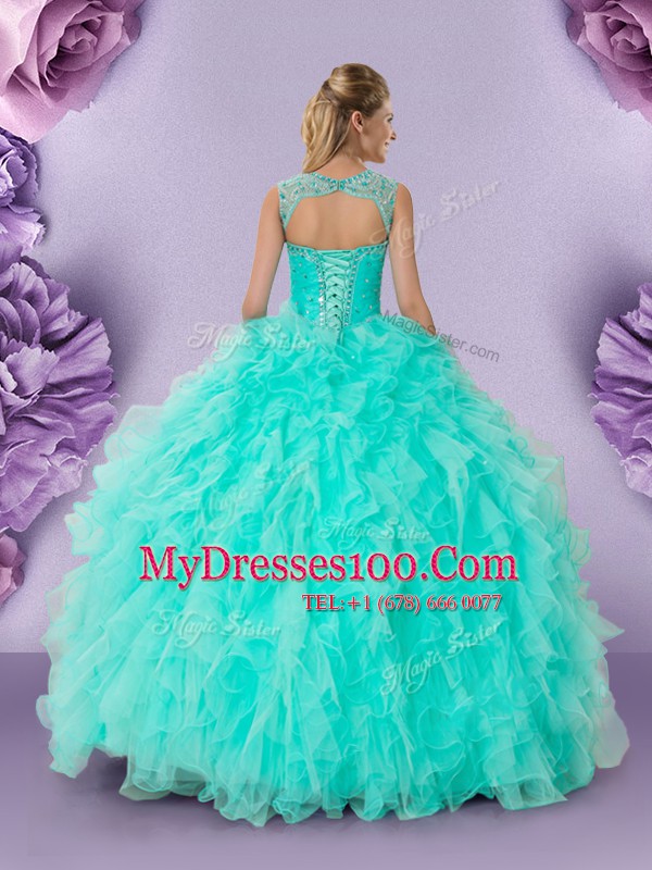 Chic Scoop Sleeveless Quinceanera Dresses Floor Length Beading and Ruffles Apple Green Tulle