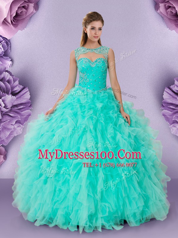 Chic Scoop Sleeveless Quinceanera Dresses Floor Length Beading and Ruffles Apple Green Tulle
